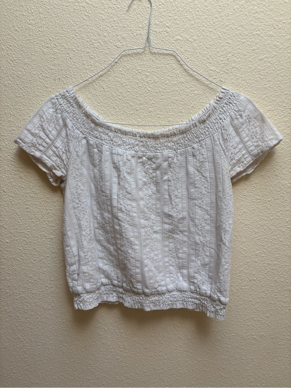 DITA White Textured Off-Shoulder Crop Top